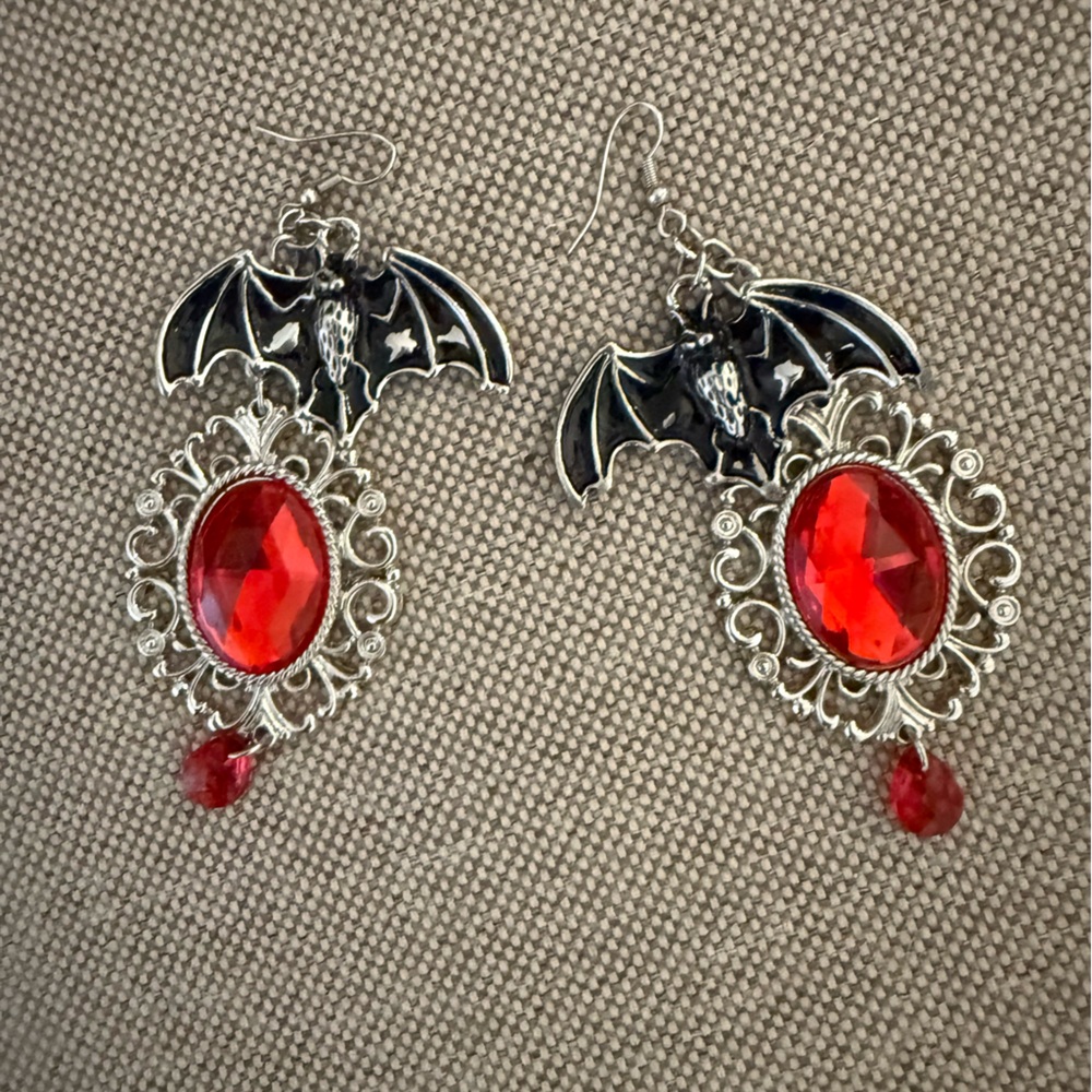 Gothic Bat Red Gemstone Earrings